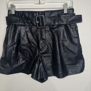 ZARA Women's Faux Leather Shorts Black High Waist Pleated Elastic Waistband Sz S